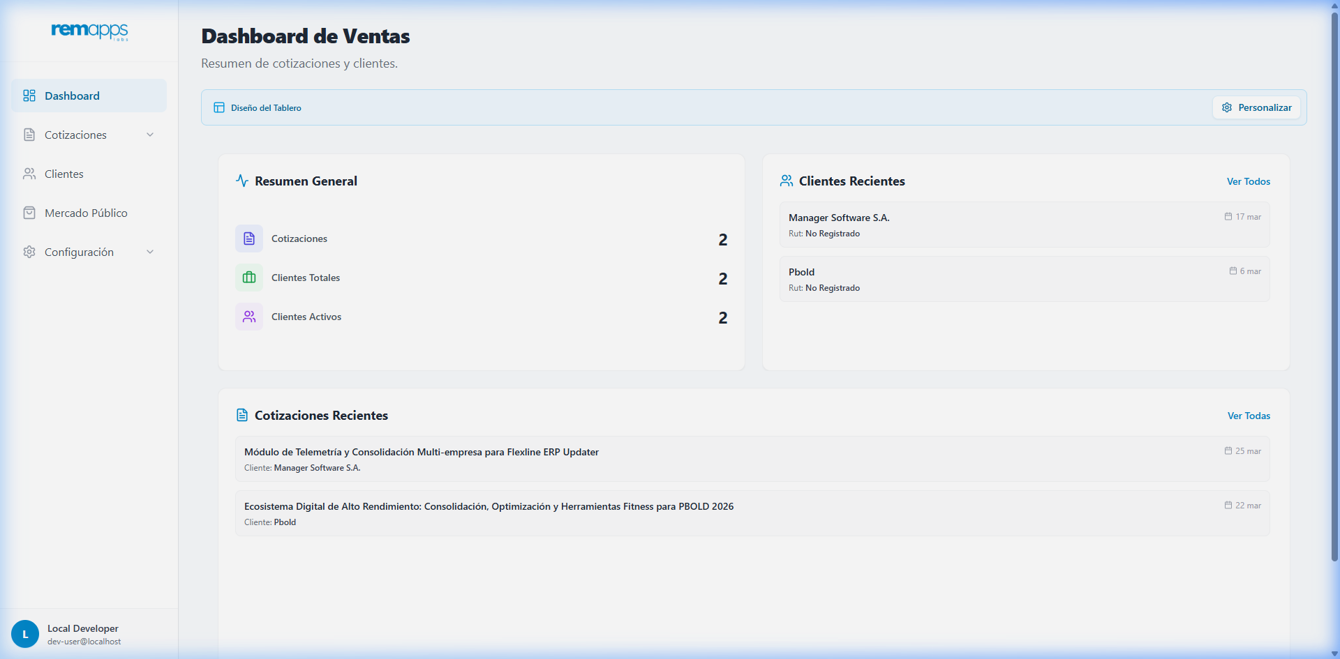 Dashboard de Remapps Sales Suite