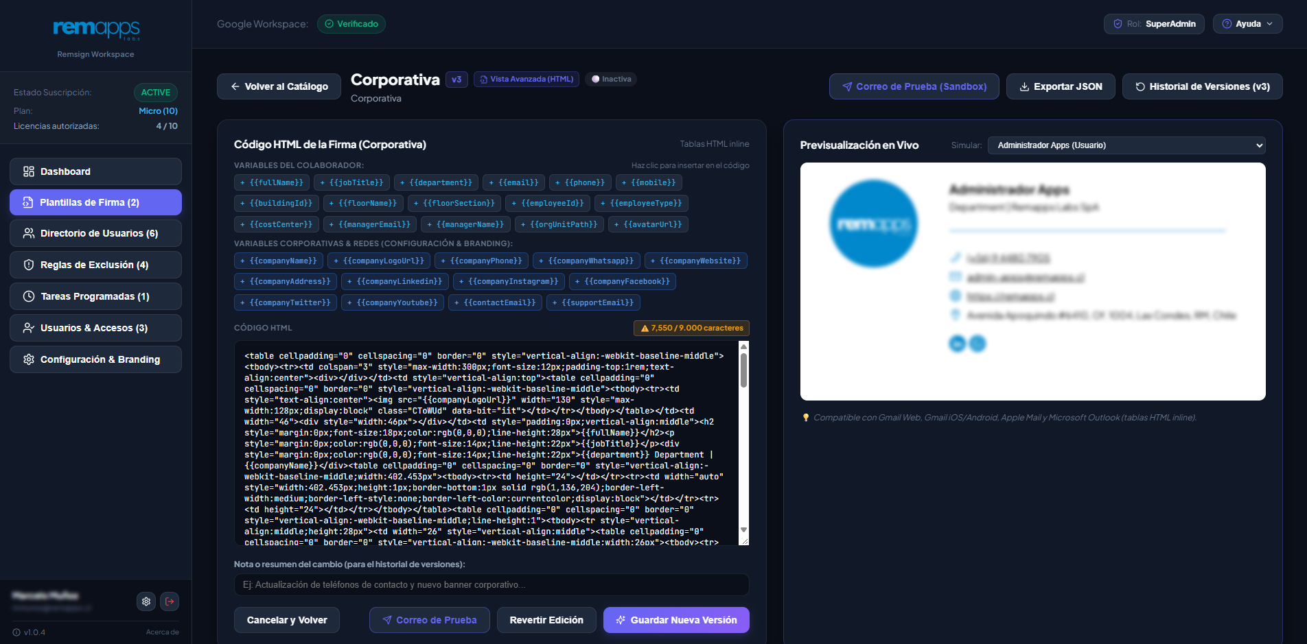 Vista Avanzada con Editor HTML Directo en Remsign Workspace